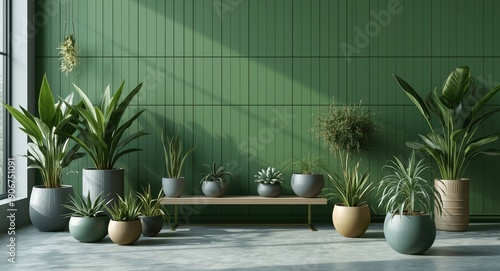 Indoor green space with modern pots of air plants and succulents set against vibrant green paneled walls