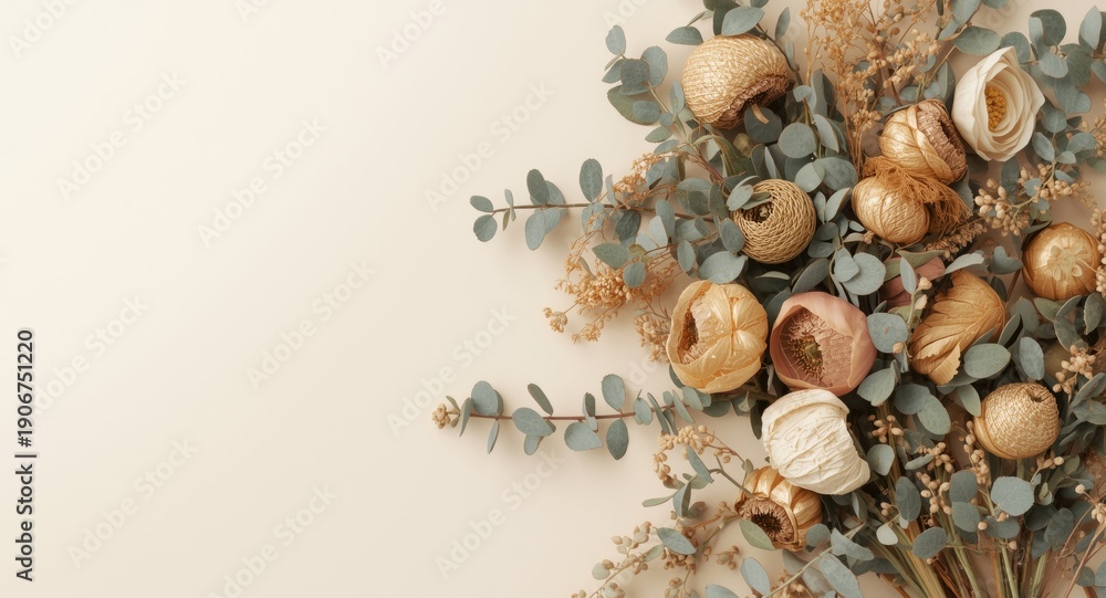 Obraz premium Fall season harvest arrangement with dried flowers and eucalyptus foliage on a neutral backdrop with copy space