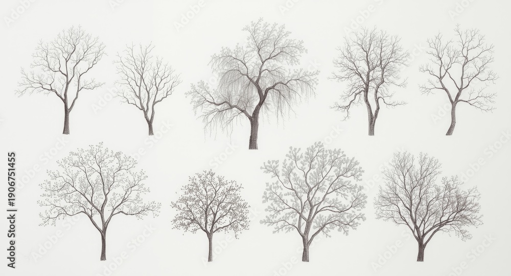 Fototapeta premium Elegant hand drawn trees organized on a crisp white backdrop