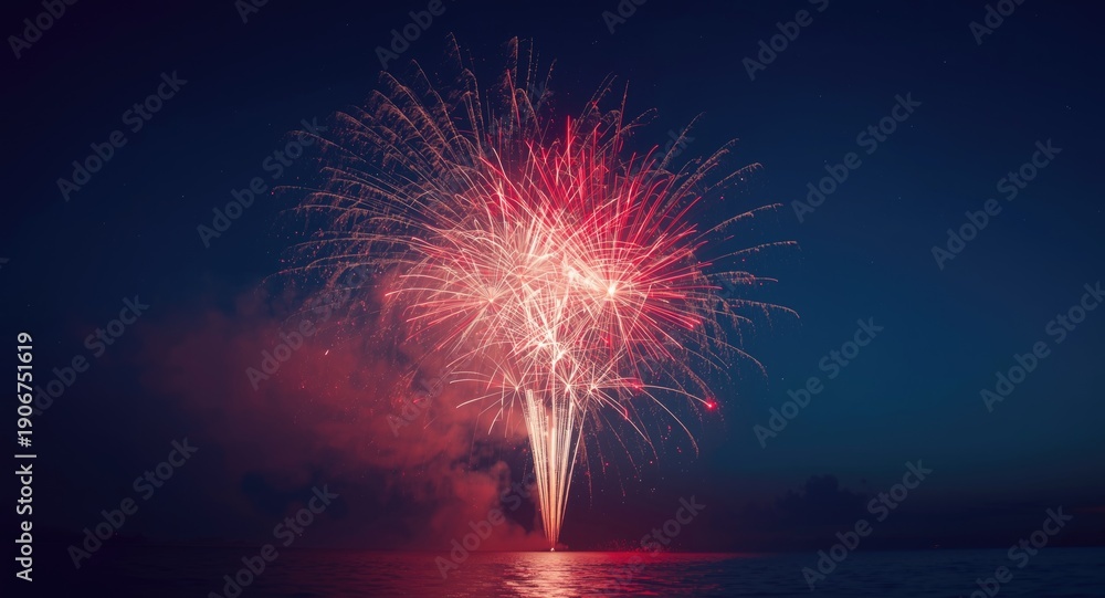 Obraz premium Festive fireworks glowing with red and white brilliance in a midnight blue sky setting for party scenes