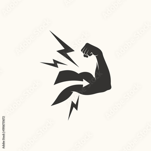 Muscular Arm Flexing with Lightning Bolts and Arrow Icon Representing Strength, Power, and Energy.
