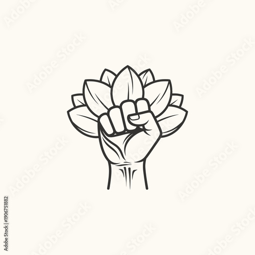 Raised Fist Holding Lotus Flower Graphic Illustration Symbolizing Peace, Strength, and Spiritual Empowerment