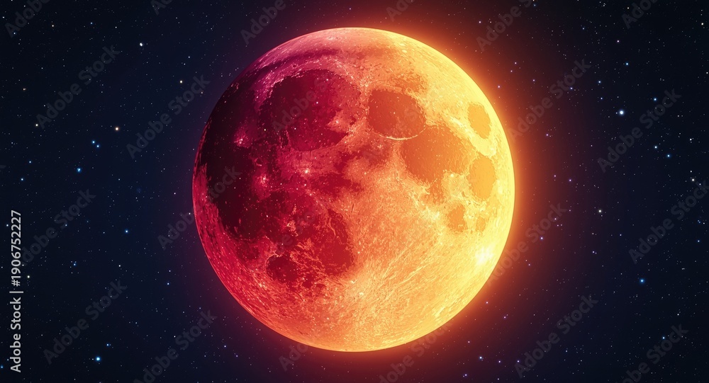 Fototapeta premium Close up 3D cartoon moon illustration emphasizing the luminous half with warm red highlights