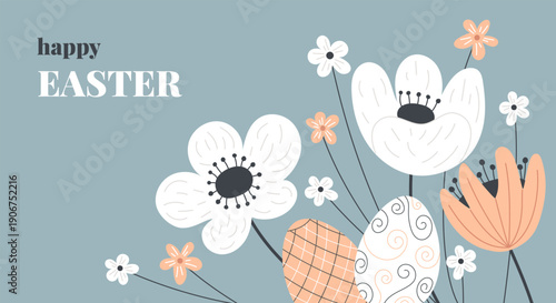 Happy Easter horizontal banner with eggs and flowers on a blue background, greeting card template, background. Vector illustration.