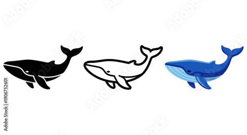 Collection of three distinct whale icons or illustrations showcasing solid silhouette line art and colorful flat design variations for marine life concepts