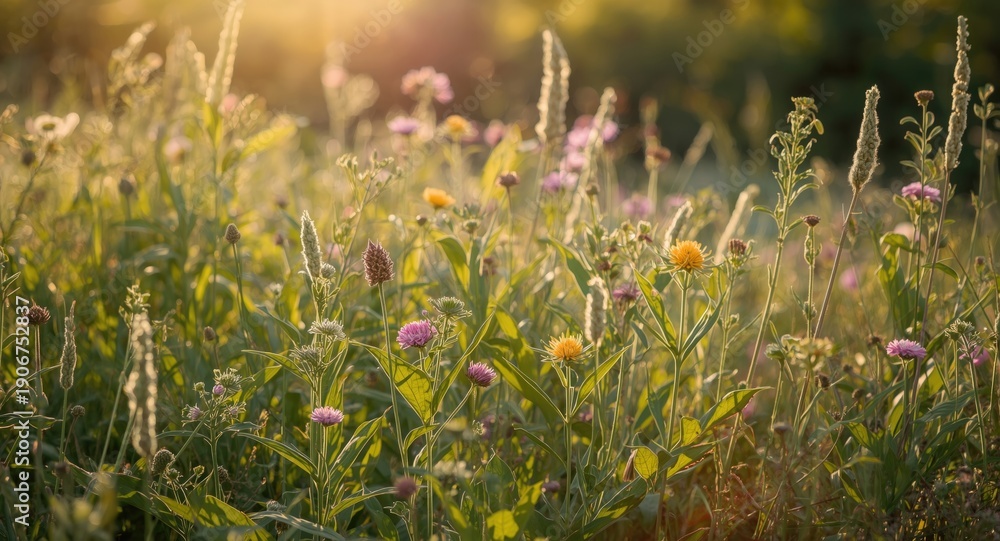 Obraz premium A vibrant field of diverse medicinal plants blooming under warm sunlight