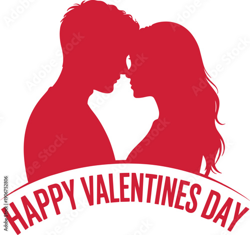 Couple forehead touch silhouette with happy valentines day text red banner