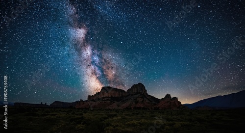 Enchanting night starscape with vivid Milky Way crossing rocky wilderness