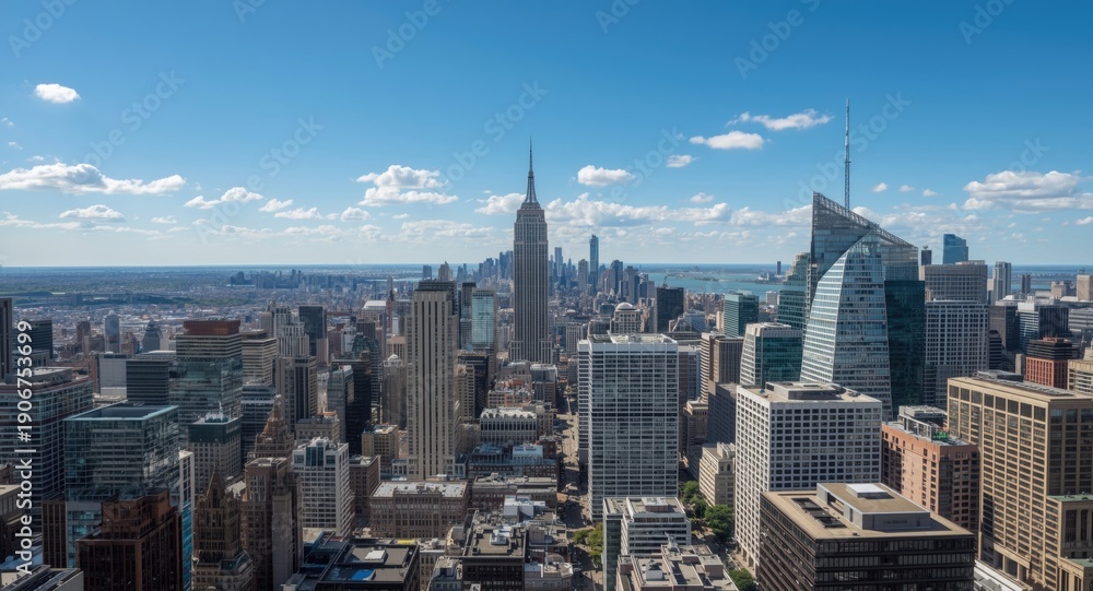 Fototapeta premium High angle view of city with clustered skyscrapers and interconnected streets
