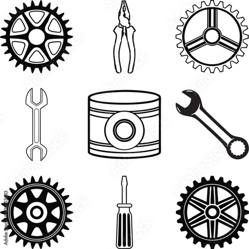 Set of mechanical and automotive repair icons including gears, wrench, screwdriver, pliers and piston. Black and white outline vector illustration suitable for industry, service and engineering design