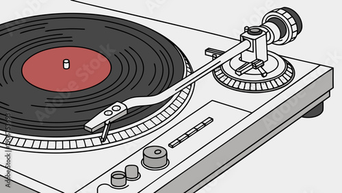 A vector graphic illustration of a vinyl record player with a red record on a turntable