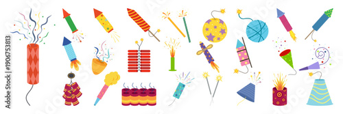 Colorful party and celebration fireworks illustration set