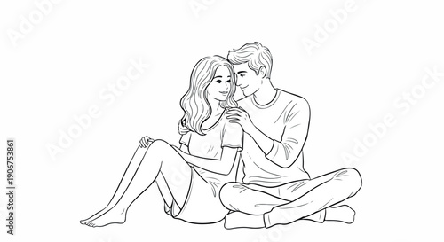 Line drawing of a romantic couple sitting together on the floor, holding hands, and gazing into each other's eyes on a plain white background.