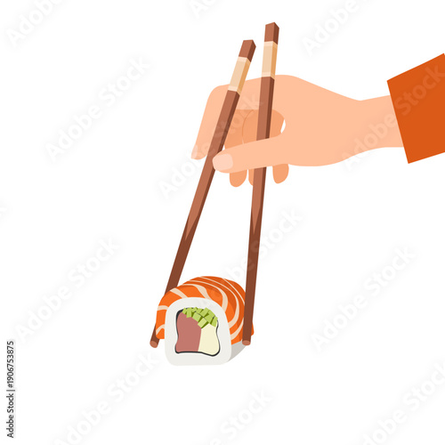 hand holding salmon sushi roll with chopsticks . Jзnese cuisine, asian food