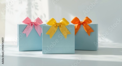 Collection of three sky blue gift bags featuring multi colored bows positioned on a tidy white surface