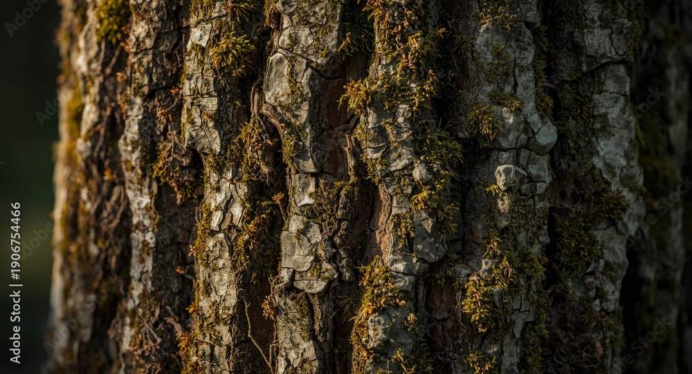 Obraz premium Detailed texture of pine trunk with soft moss growth and natural shadows