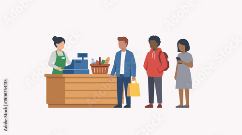 Grocery checkout queue vector people scene for retail payment process flat design isolated on white background
