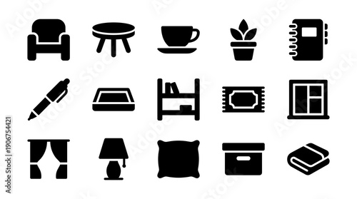 Home furniture silhouette icon set vector illustration for chair table cup plant notebook symbols flat design isolated on white background