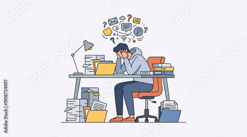 Person managing paperwork stress vector scene for office overload situation flat design isolated on white background