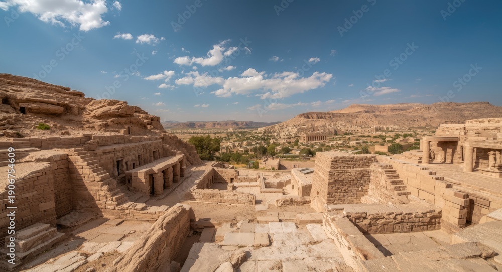 Obraz premium Historical site with rock tombs and ancient cityscape in dry terrain