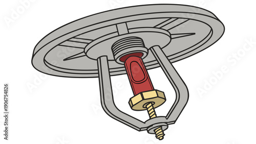 A detailed vector illustration of a fire sprinkler head with a red valve and gray metal components