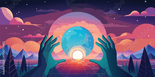 Ethereal hands reach towards a glowing blue crystal orb above a bright light in a mystical scene.
