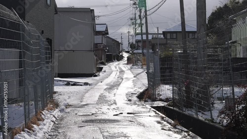 Quiet Residential Street in Japan After Snowfall, Winter Morning Scene
