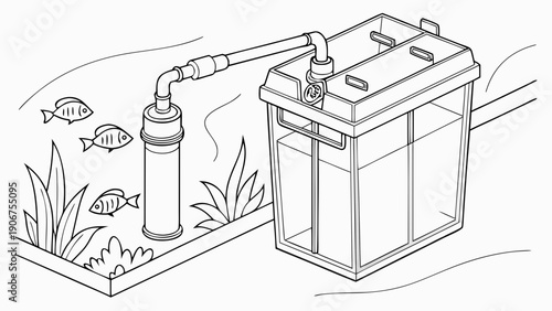 A vector graphic illustration of a fish tank filter system with a clear design and minimalist style