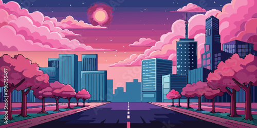 A vibrant pixel art cityscape shows pink clouds, a glowing sky, and cherry blossom trees.
