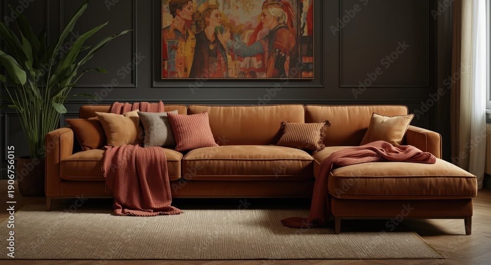 Fototapeta premium comfortable lounge space showcasing a generous sectional sofa and soft blankets