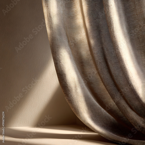 Sunlight casting textured shadows through elegant flowing linen curtain