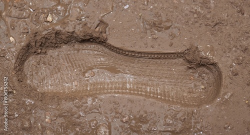 Imprint of a large foot in wet clayey mud indicating unsanitary conditions