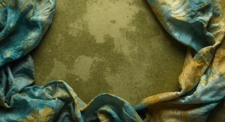 Copy space on a moss green backdrop presenting intricate tie dye designs and soft grain texture