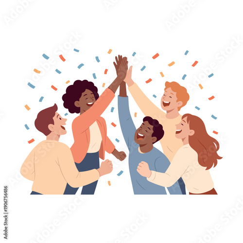 Diverse people giving a high five together. Concept of teamwork, unity, success, friendship and celebration. Vector illustration scene isolated on white background.