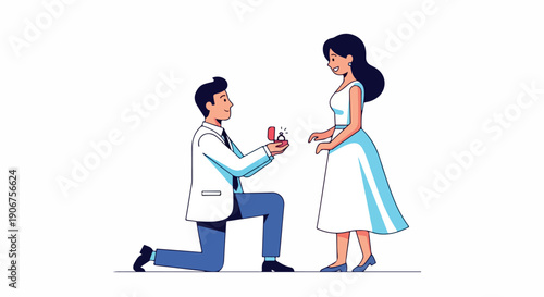Man kneeling and proposing to a woman with a ring in a simple, cartoon-style illustration on a white background.
