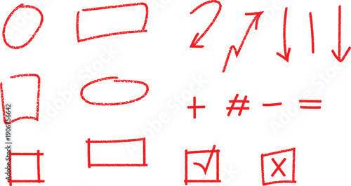 Hand drawn red shapes and symbols icons set for notes markup design