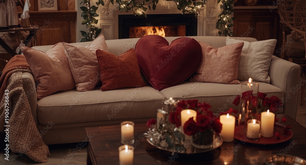 Fototapeta premium Casual living room setup for Valentine's Day including themed decor and cozy seating