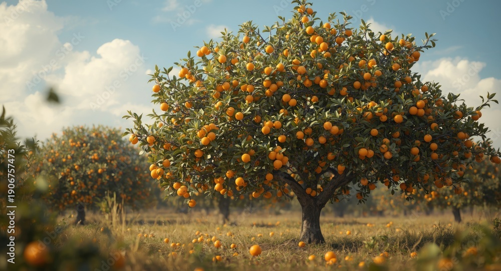 Fototapeta premium A flourishing orange tree bursting with ripe fruit on a warm summer day