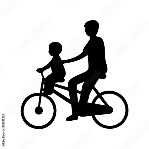 Father and child ride a bicycle together in silhouette illustration