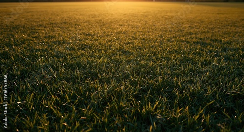 Evening light on textured soccer field at midfield with detailed grass surface