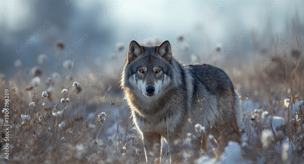Obraz premium Gray wolf in a snow-tinged meadow observing wildlife nearby