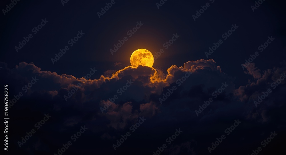 Obraz premium Golden moonlight from a full moon illuminating growing clouds on a night canvas
