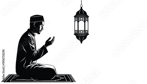 Islamic Prayer Concept: Silhouette of a Man Kneeling in Supplication with a Glowing Lantern Symbolizing Divine Light