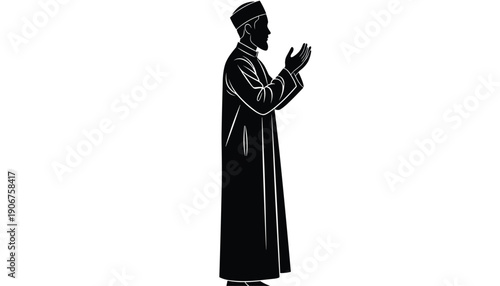 Spiritual Devotion Illustration: A Muslim Man in a Thobe and Kufi Making Supplication in a Clean Black and White Silhouette Style