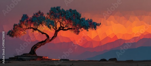 Majestic Tree Against a Colorful Sunset Mountain Landscape
