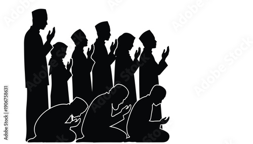 Silhouette Vector of Muslim Men and Women in Prayer: A Powerful Illustration of Islamic Faith, Unity, and Spiritual Devotion