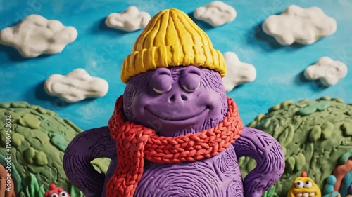 Cheerful purple monster waves enthusiastically in playful claymation scene with vibrant background