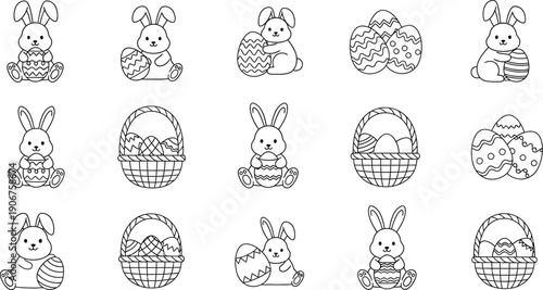 Collection of charming black and white outline drawings featuring cute little easter bunnies holding decorated eggs and traditional baskets filled with festive treats.