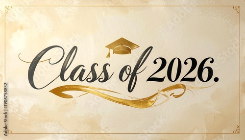 Elegant Class of 2026 graduation design with a gold cap and decorative flourishes. Ideal for commemorating academic achievements and milestones.