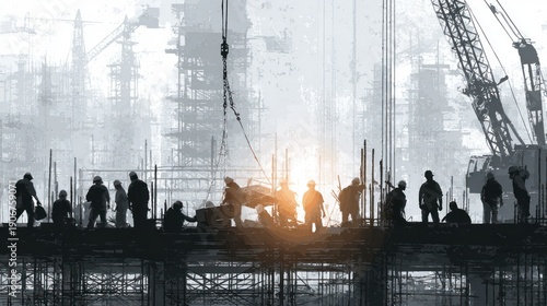 Silhouetted workers at a construction site against a hazy industrial skyline